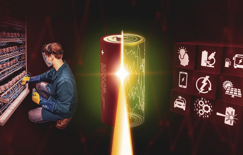Illustration showing a battery researcher at left, a battery at center and a grid of battery applications at right. 