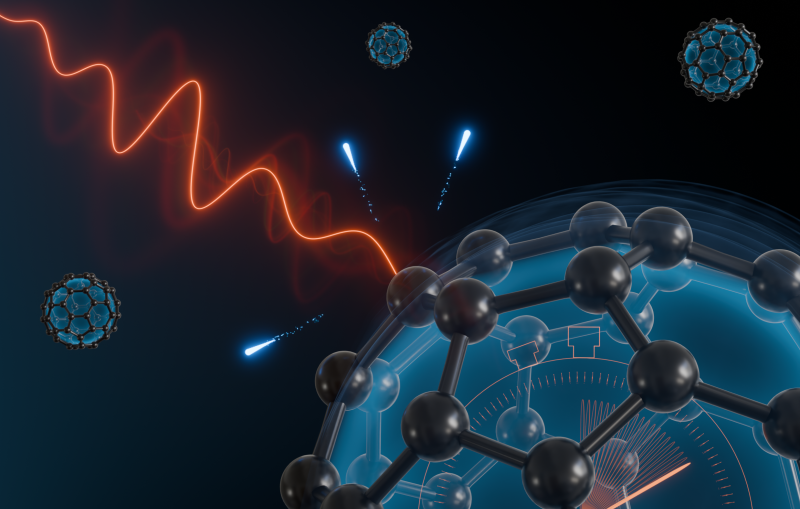 Graphic depiction of light exciting electrons on a sub-nanometer particle