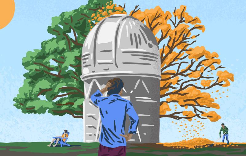 An illustration of a telescope with verdant trees on one side and a person raking leaves on the other.