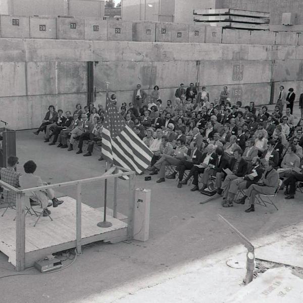 Groundbreaking ceremony for SSRP (SSRL), including Pief Panofsky, Herman Winick, and Hobey DeStaebler, 1977.
