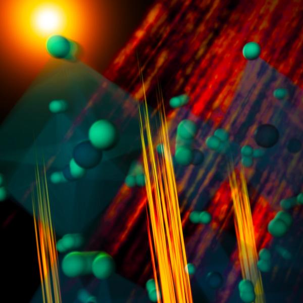 Illustration of what happens when simulated sunlight hits perovskite