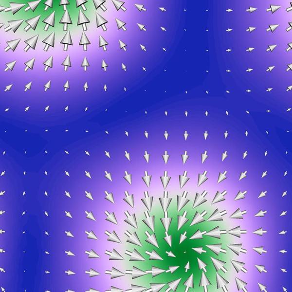Illustration of skyrmions -- little whirlpools of magnetism formed by the spins of atoms.